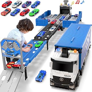 Carrier Truck Race Track Kids Toys, Toy Truck Transport & 8 Race Cars | Foldable 3 Layer Toddler Track Playset, Truck Car Toddlers Toys B-Day Gifts for Age 3 4 5 6+ Years Old Boys Girls