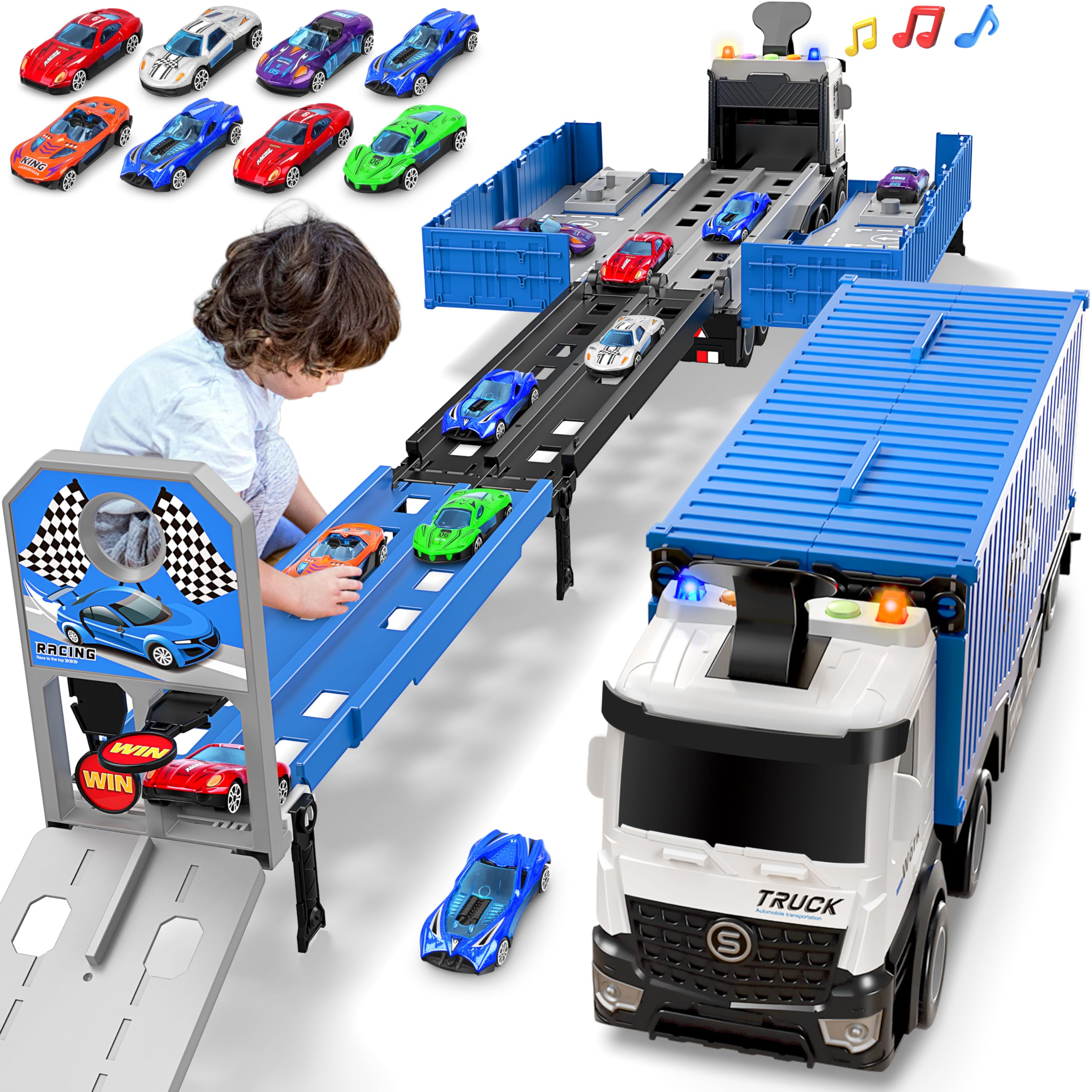 Carrier Truck Race Track Kids Toys, Toy Truck Transport & 8 Race Cars | Foldable