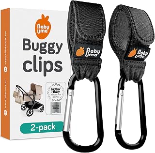 Baby Uma Buggy Clips for Pram - Award-Winning, 5 kg Capacity, Non-Slip | These award-winning, universal pram hooks for bags resist slipping and carry up to 5 kg each, a genuine travel essential.