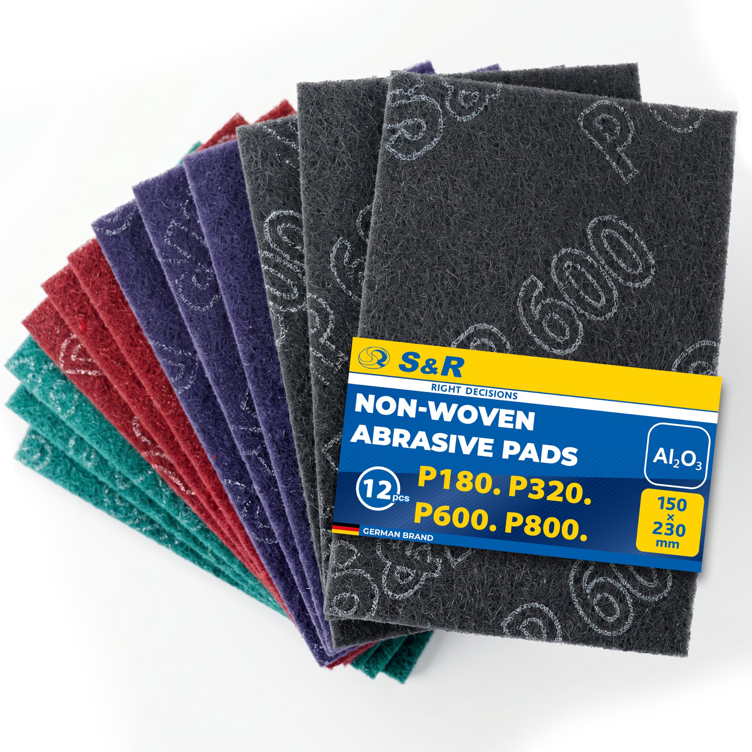 S&R Abrasive Pads 150x230mm – 12-Piece Set (P180, P320, P600, P800) | Flexible S