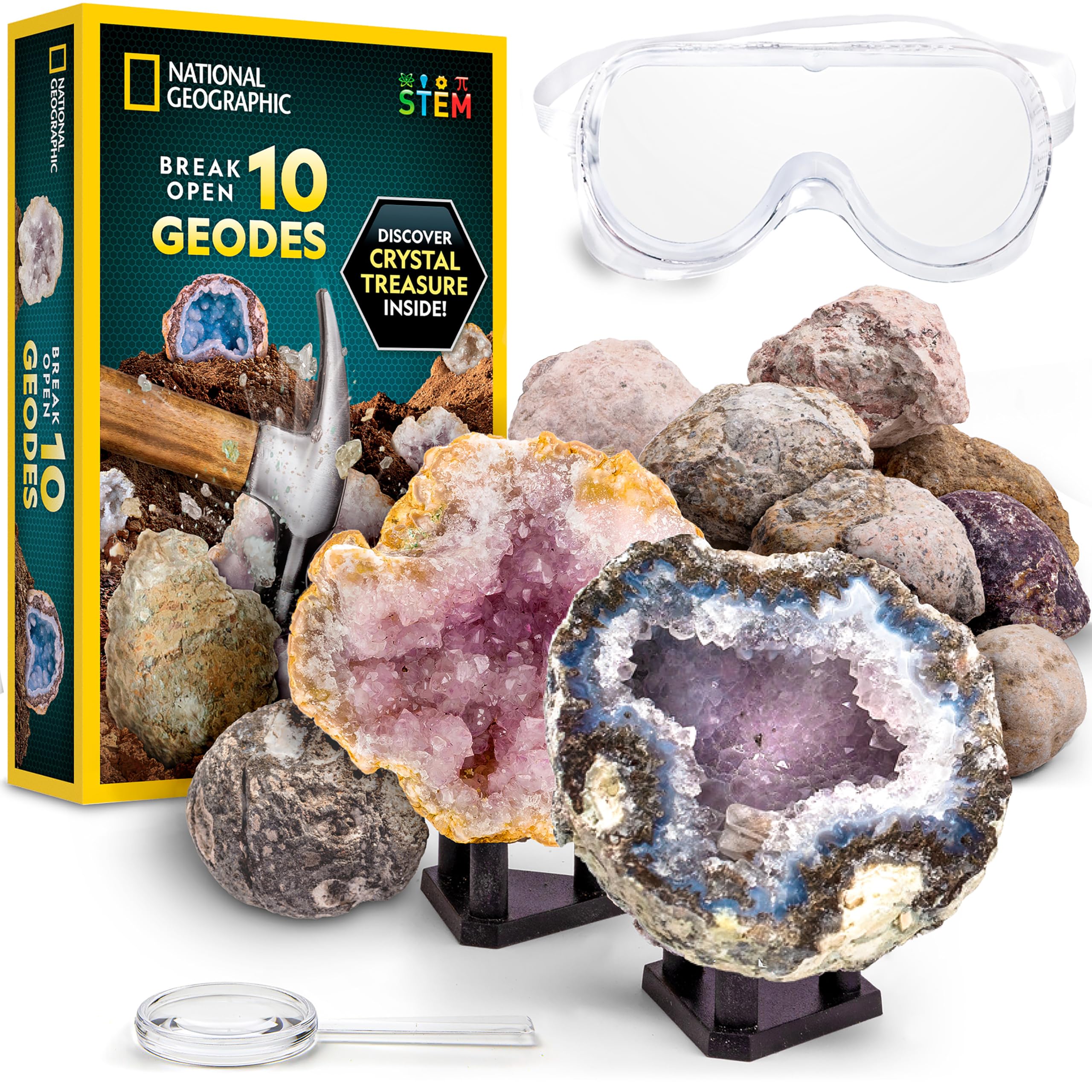 National Geographic Break Open 10 Premium Geodes for Kids Ages 8-12 | Safety Gog