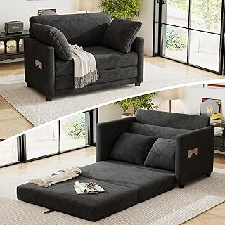 51" Loveseat Sleeper Sofa Bed, Chenille Convertible Floor Sofa Bed for Small Spaces, Folding Couch Bed with Deep Seat, 2 Pillows & Solid Frame, Pull Out Floor Couch for Living Room, Black