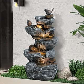 Dephet 5-Tiers Cascading Rock Water Fountain Outdoor, Waterfalls Fountains | Garden Freestanding Resin Water Feature Fountain with LED Lights, Pump for Indoors Patio, Backyard, Deck, Porch, Home Decor