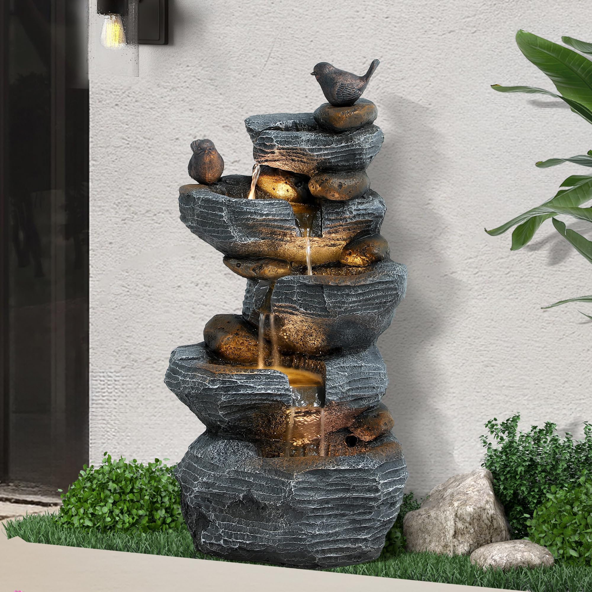 Dephet 5-Tiers Cascading Rock Water Fountain Outdoor, Waterfalls Fountains | Gar