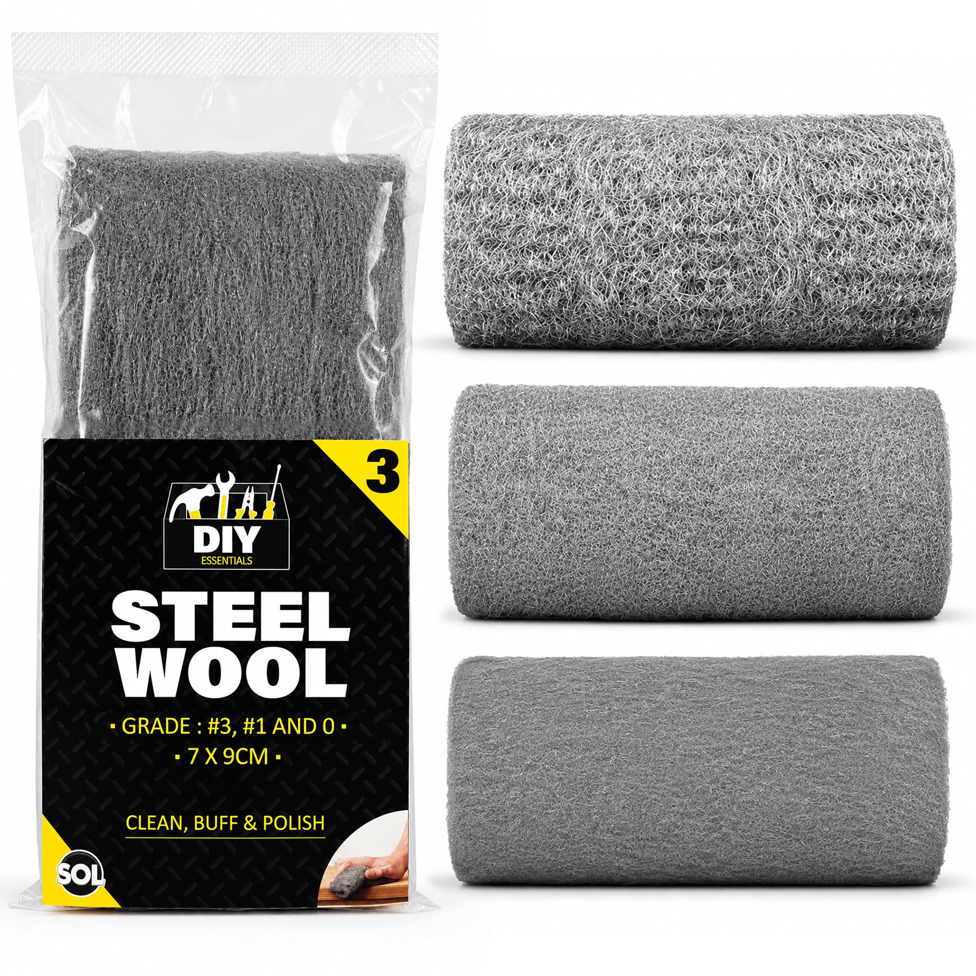 SOL 3pk Fine Steel Wool 0, 1 & 3 Grades - Wire Wool for Cleaning 1m | Steel Wool