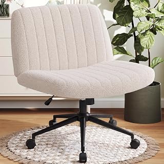 OLIXIS Criss Cross Chair with Wheels, Vanity Chair, Home Office Desk | Furry Teddy Fleece, Wide Seat Armless, Height Adjustable Swivel Rolling, Home Computer Task Seat, Bedroom Study, Cream