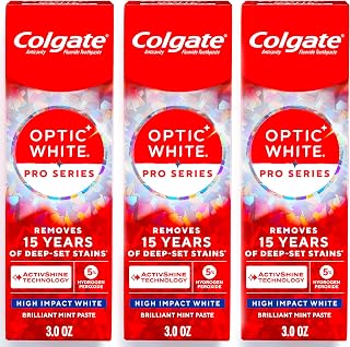 Colgate Optic White Pro Series High Impact White Toothpaste, 3 Pack, 3.0 oz | Teeth Whitening Toothpaste with 5% Hydrogen Peroxide and ActivShine, Brilliant Mint Flavor