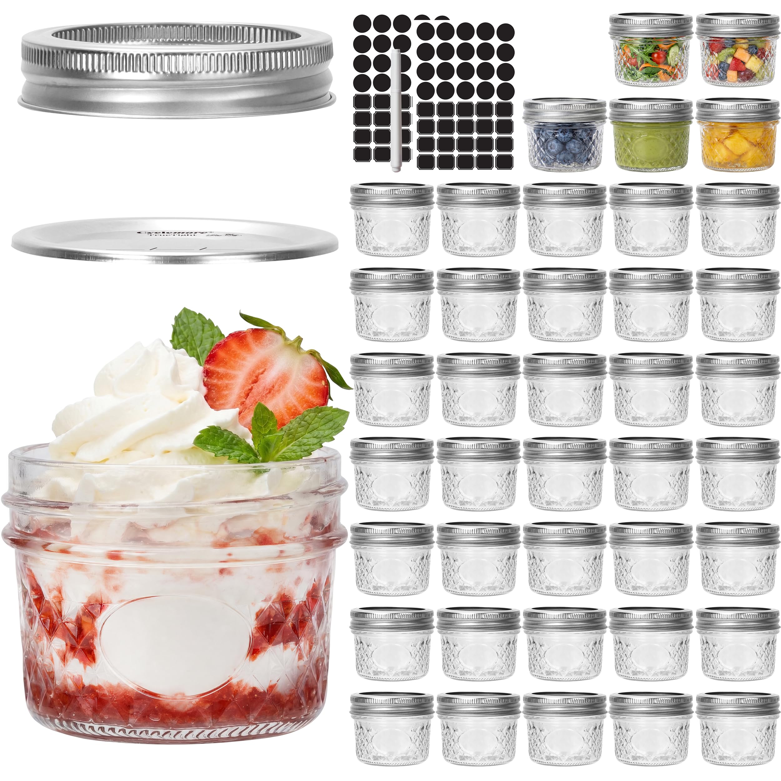 CycleMore 40 Pcs 4oz Crystal Mini Mason Jars, Silver Separable Lids | Airtight, 