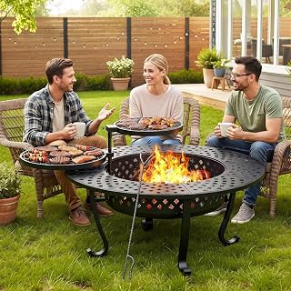 43" Large Fire Pit for Outside with 2 Adjustable Grills,Lid & Fire Poker | Big Wood Burning Metal Firepits for BBQ/Bonfire/Camping/Picnic & Patio/Backyard