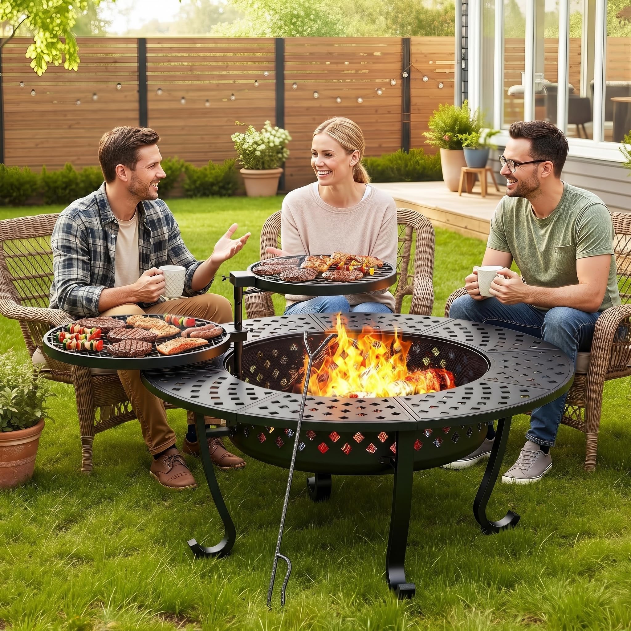 43" Large Fire Pit for Outside with 2 Adjustable Grills,Lid & Fire Poker | Big W