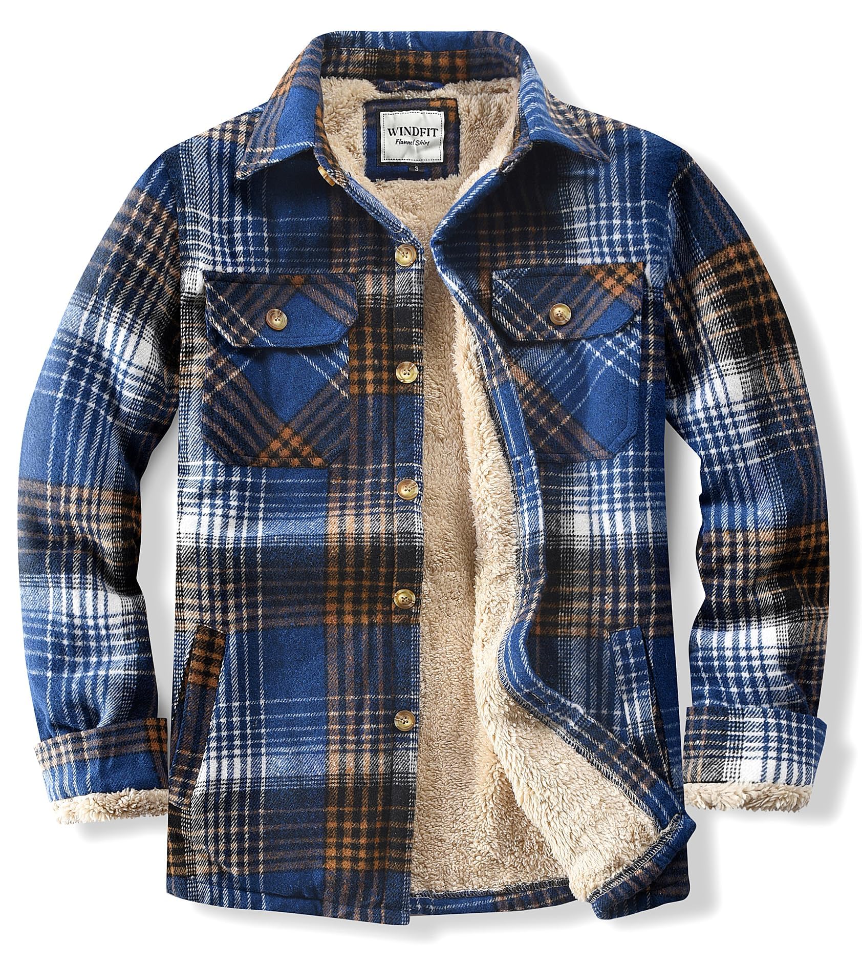 WINDFIT Men's Cotton Sherpa Button Down Flannel Shirt Jacket Plaid Shirt