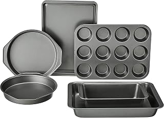 Amazon Basics 6 Piece Nonstick Carbon Steel Bakeware Set with Cake, Muffin, Cookie, and Loaf Pans, Easy Release, Oven Safe, 16.25 x 11.75 x 6.25 inches