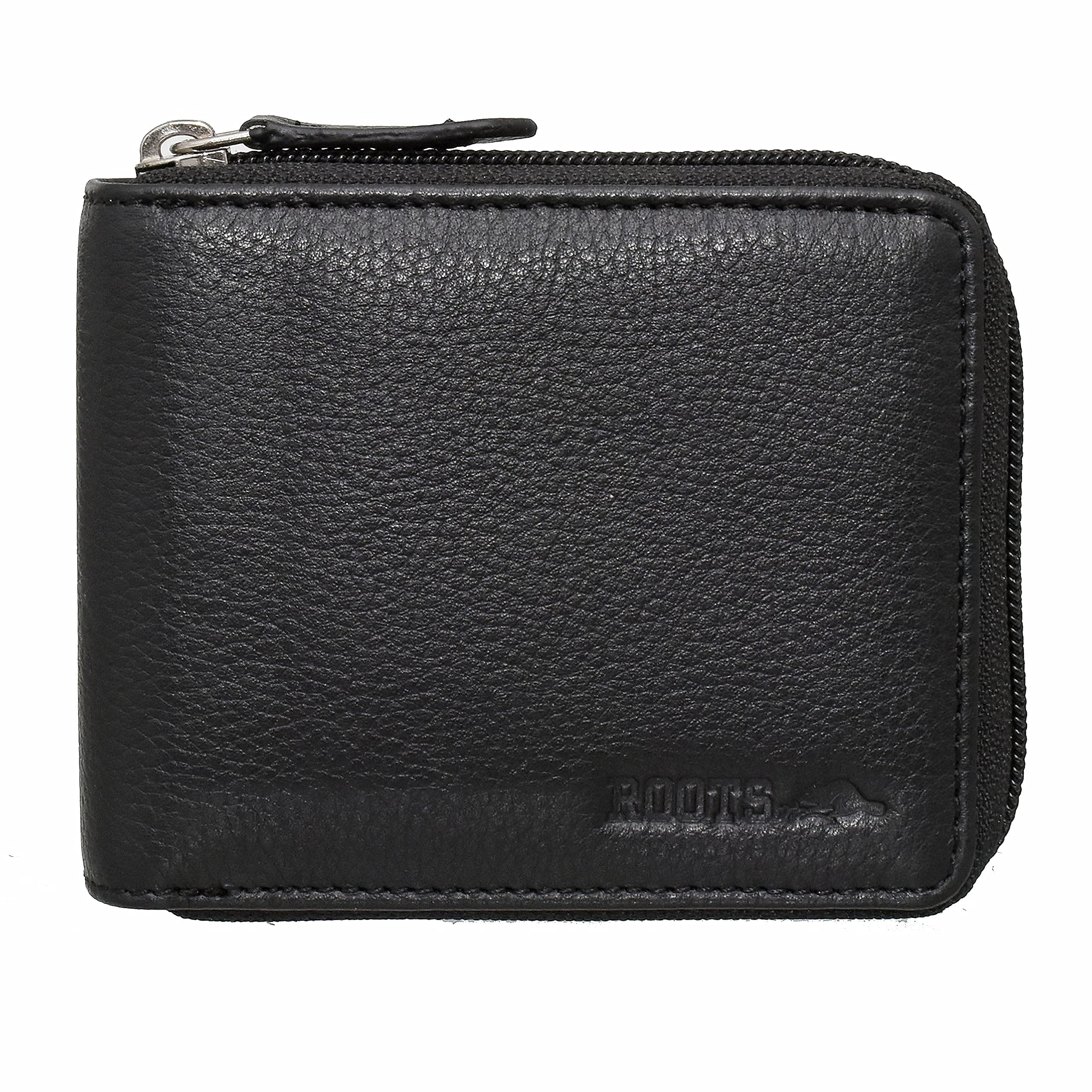 ROOTS Men's Leather RFID Secured 3-Way Zip-Around Bifold Classic Wallet with 5 C