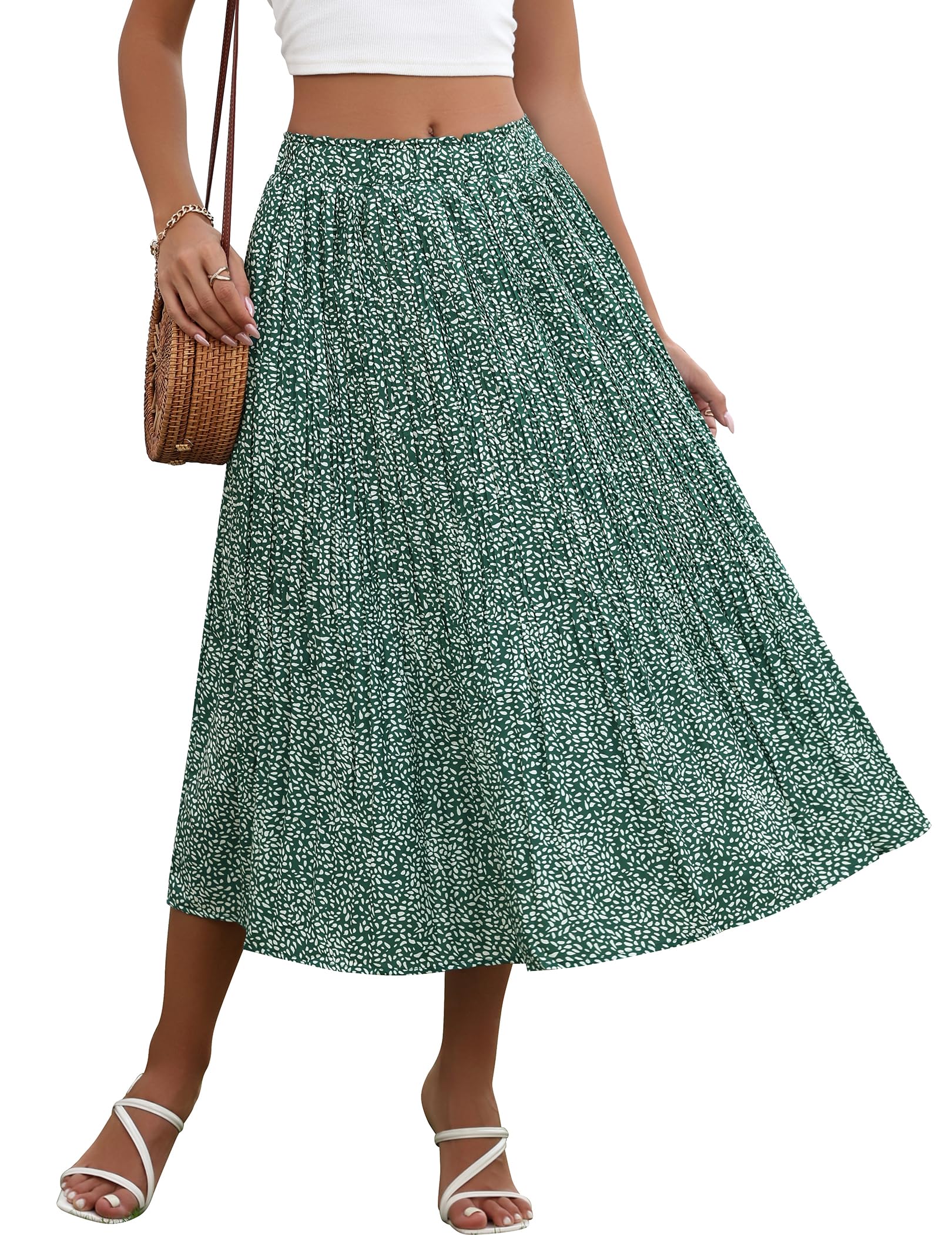 Zeagoo Women's Midi Skirts High Waisted Pleated A-Line Swing Skirts Summer Long 