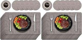 Purejoy Placemats and Coaster Sets 6, Christmas Table Mats PU Leather Heat-Resistant Washable and Non-Slip 43 * 30 cm Dinner Table Mats Set of 6 for Kitchen Mat Table Indoor (Light Grey) (Pack of 2)