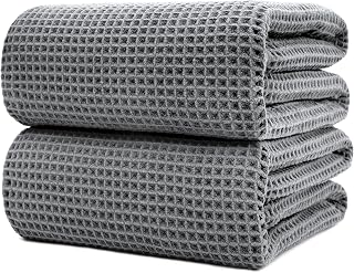 POLYTE Microfiber Quick Dry Lint Free Bath Sheet, Set of 2 (Waffle Weave), 35" x 70", Gray
