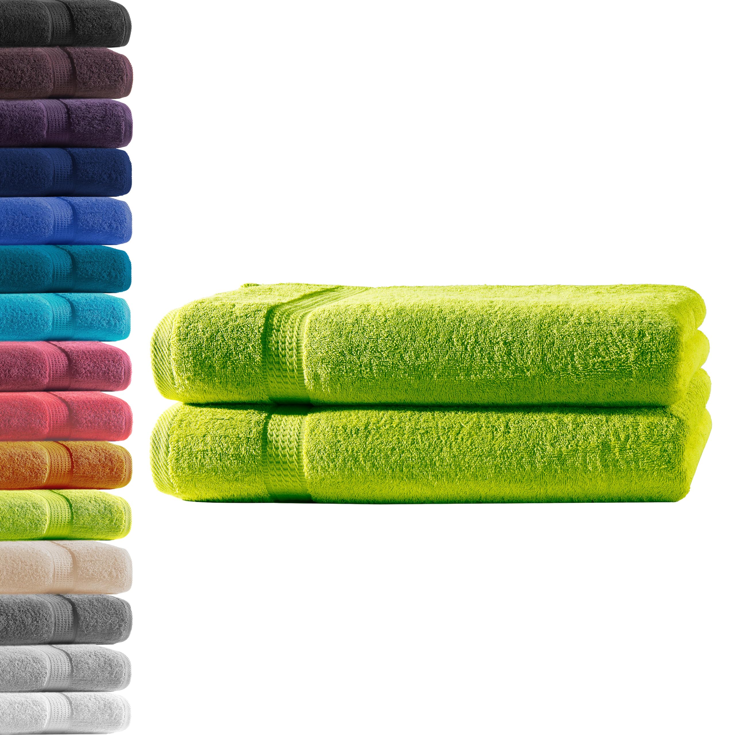 2 x Bath Towels, Apple Green, 100% Cotton Terry Towelling, Oeko-Tex Standard 100
