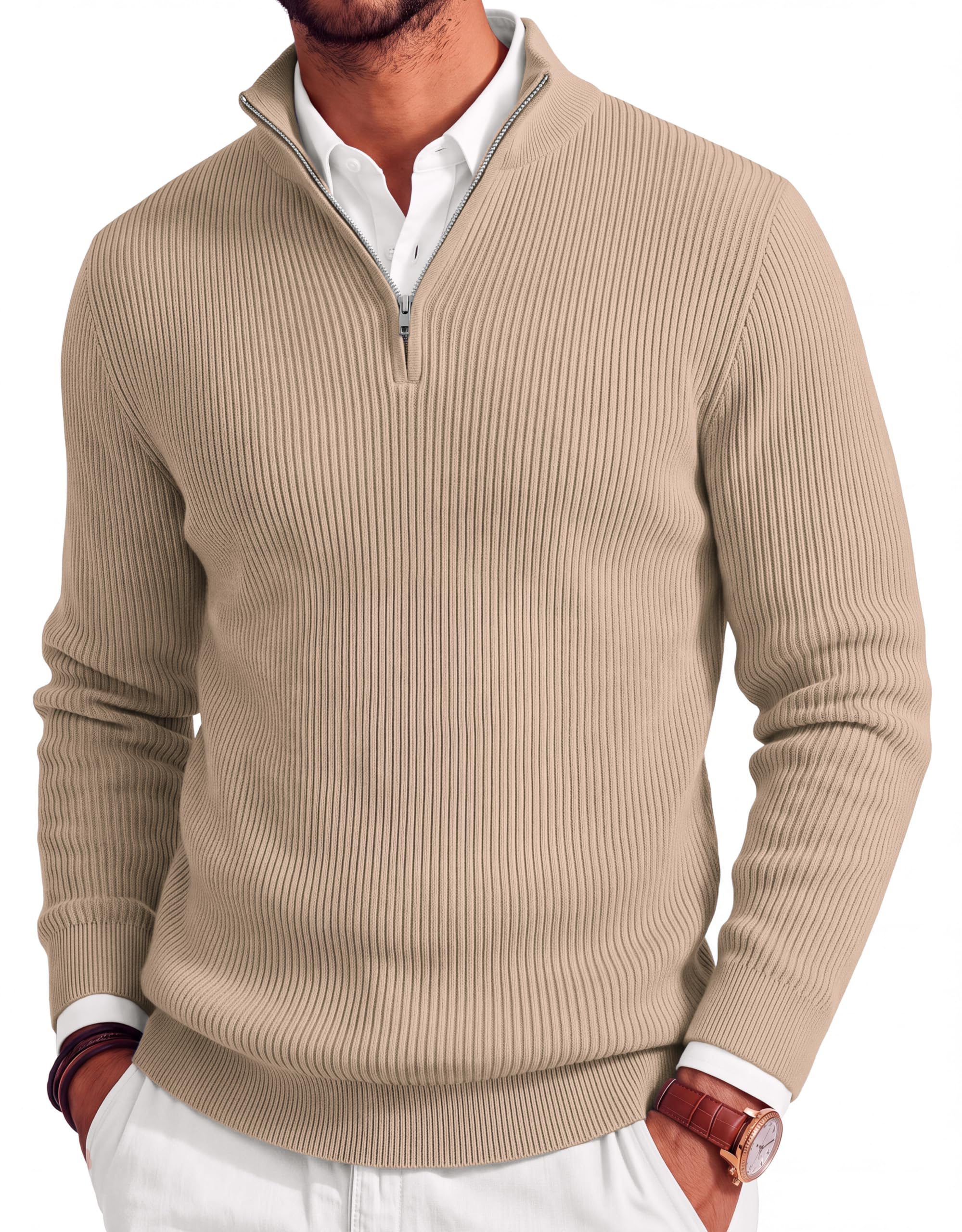 COOFANDY Men's Pullover Quarter Zip Slim Fit Stand Collar Lightweight Knitted Po