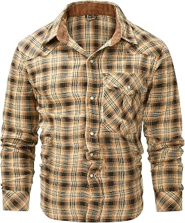 Mr.Stream Camicie da uomo in flanella a maniche lunghe scozzese a scacchi spazzolato casual Western Cowboy Pearl Snap Camicia, Cachi, S