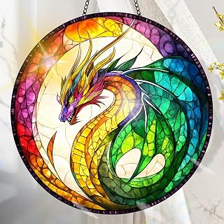 Colorful Acrylic Suncatcher Dragon for Window with Colorful Glass Style Printed Design, Wall Art for Making Rainbows, Gift Idea and Garden Ornament for Indoor and Outdoor Use 19.8