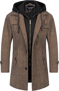 CREATMO US Men's Classic Pea Coat Wool Blend Trench Coat Windproof Business Overcoat With Detachable Hood