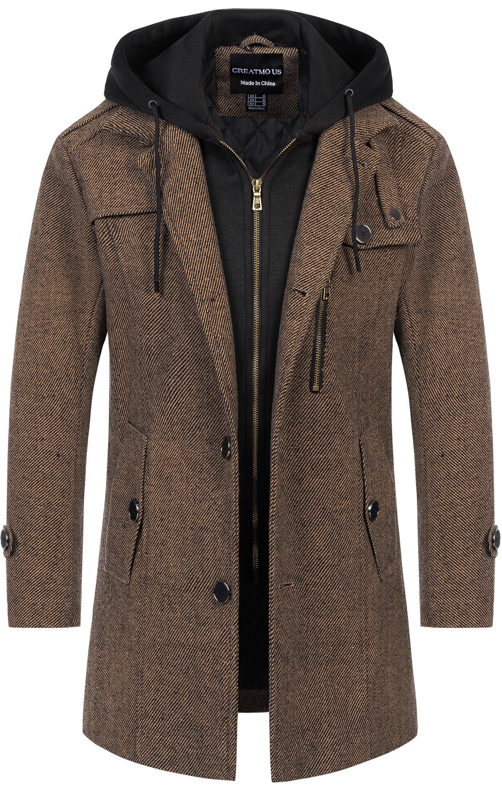 CREATMO US Men's Classic Pea Coat Wool Blend Trench Coat Windproof Business Over
