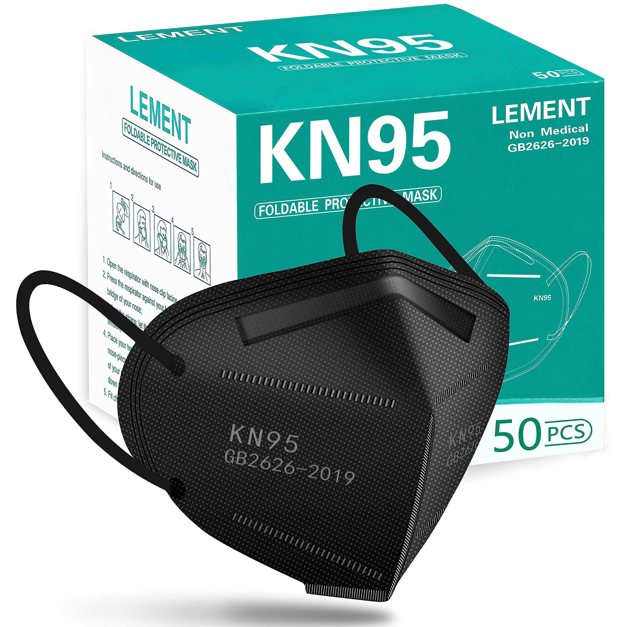 LEMENT 50pcs KN95 Face Mask Black 5-Layer Filter≥95% Cup Dust Safety Masks | 5-l