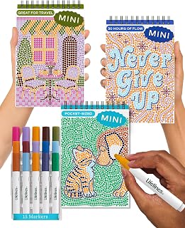 Lifelines FlowArt Mini Activity Pads, 3-Pack, Dot-by-Letter Coloring Books | 15 Markers & 60 Scenes - Guided Art Meditations for Tweens, Adults & Seniors - Dot-by-Letter - Patent-Pending