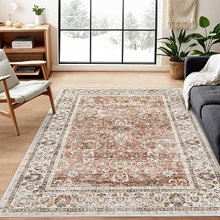 3x5 Area Rugs for Living Room Rugs-Deerly Distressed Floral Boho Oriental Non-Slip Soft Low Pile Machine Washable Rug for Entryway Kitchen Bedroom Dining Room Office Laundry (Brick Red)
