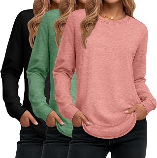 Ficerd Pack of 3 Women's Long Sleeve Tunic Round Neck Cotton Loose Fit Casual Curved Hem T-Shirts