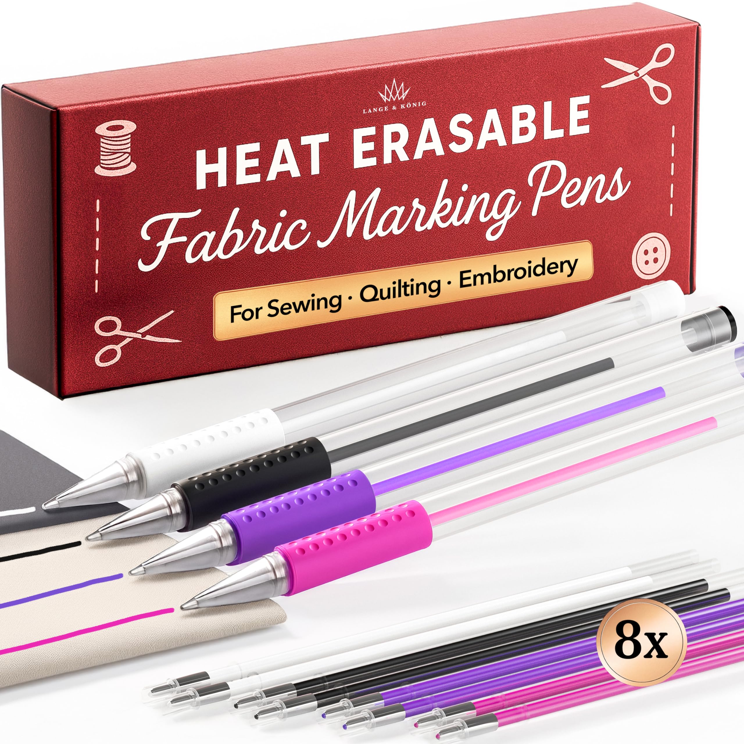 Lange & König 4x Heat Erasable Fabric Marking Pens for Sewing - 4 Pens + 8 Refil