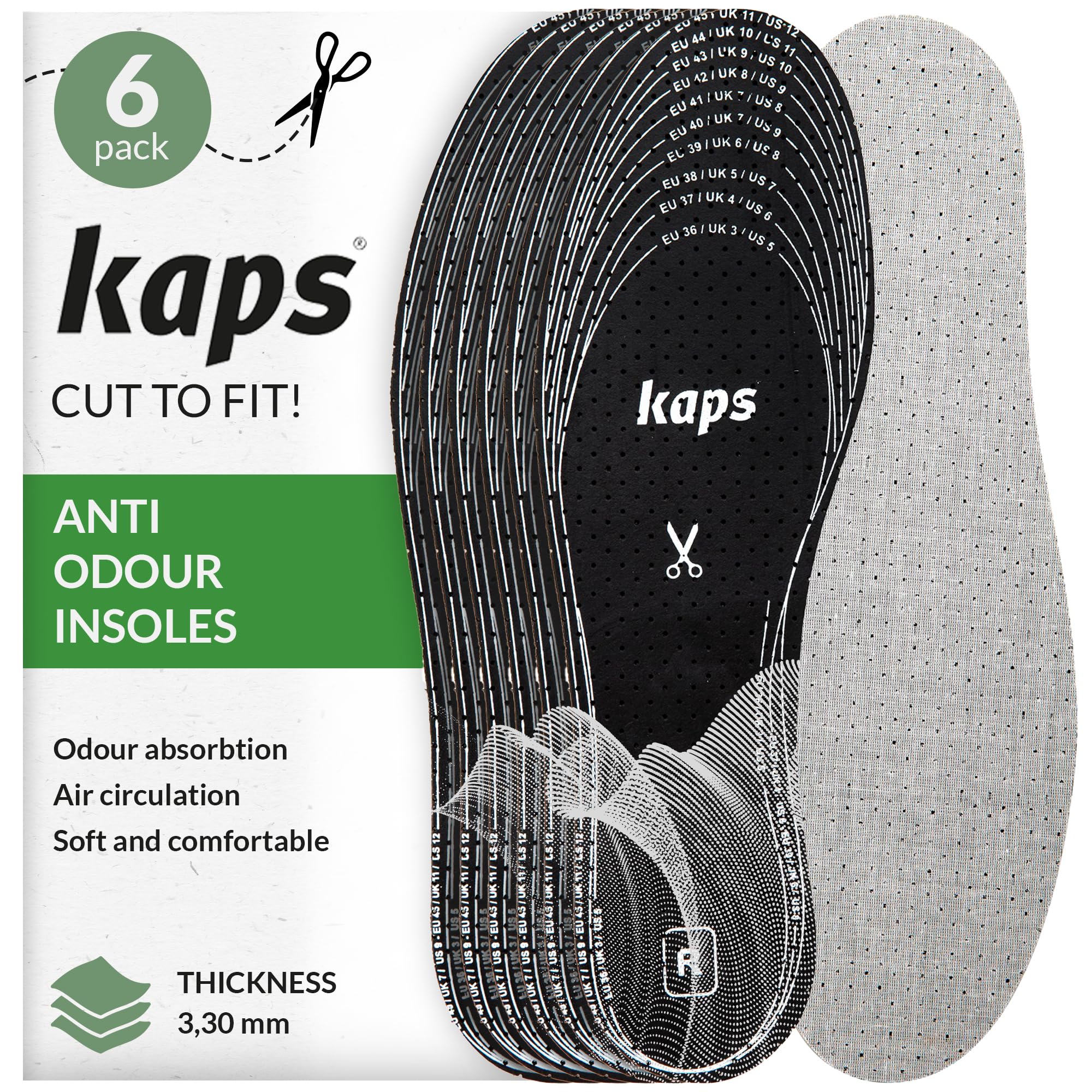 Charcoal Insoles for Men & Women, Anti-Odour Cut to Size, 6 Pairs - Kaps
