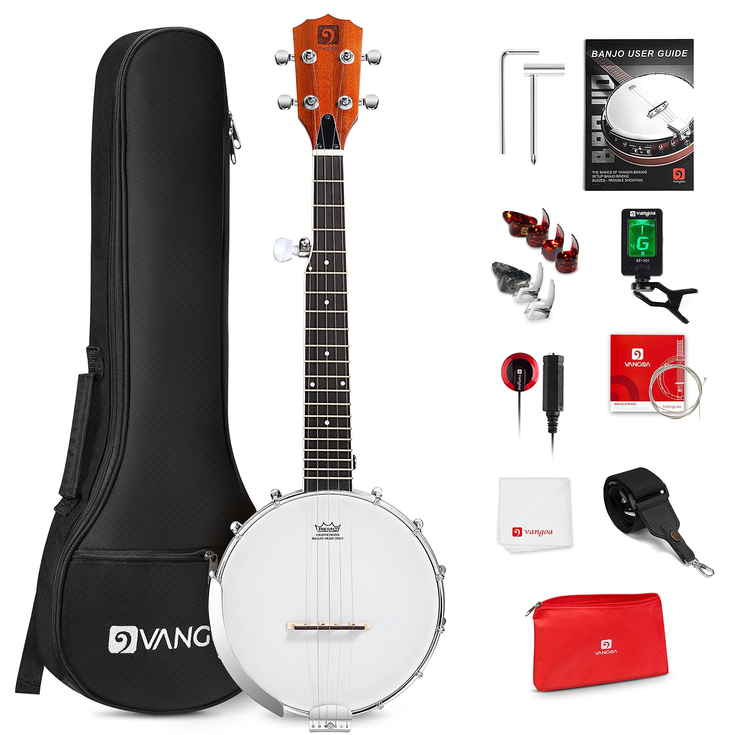 Vangoa 5 String Banjo 26 Inch, MINI Travel Banjo Beginner Kit with Remo Head, Op