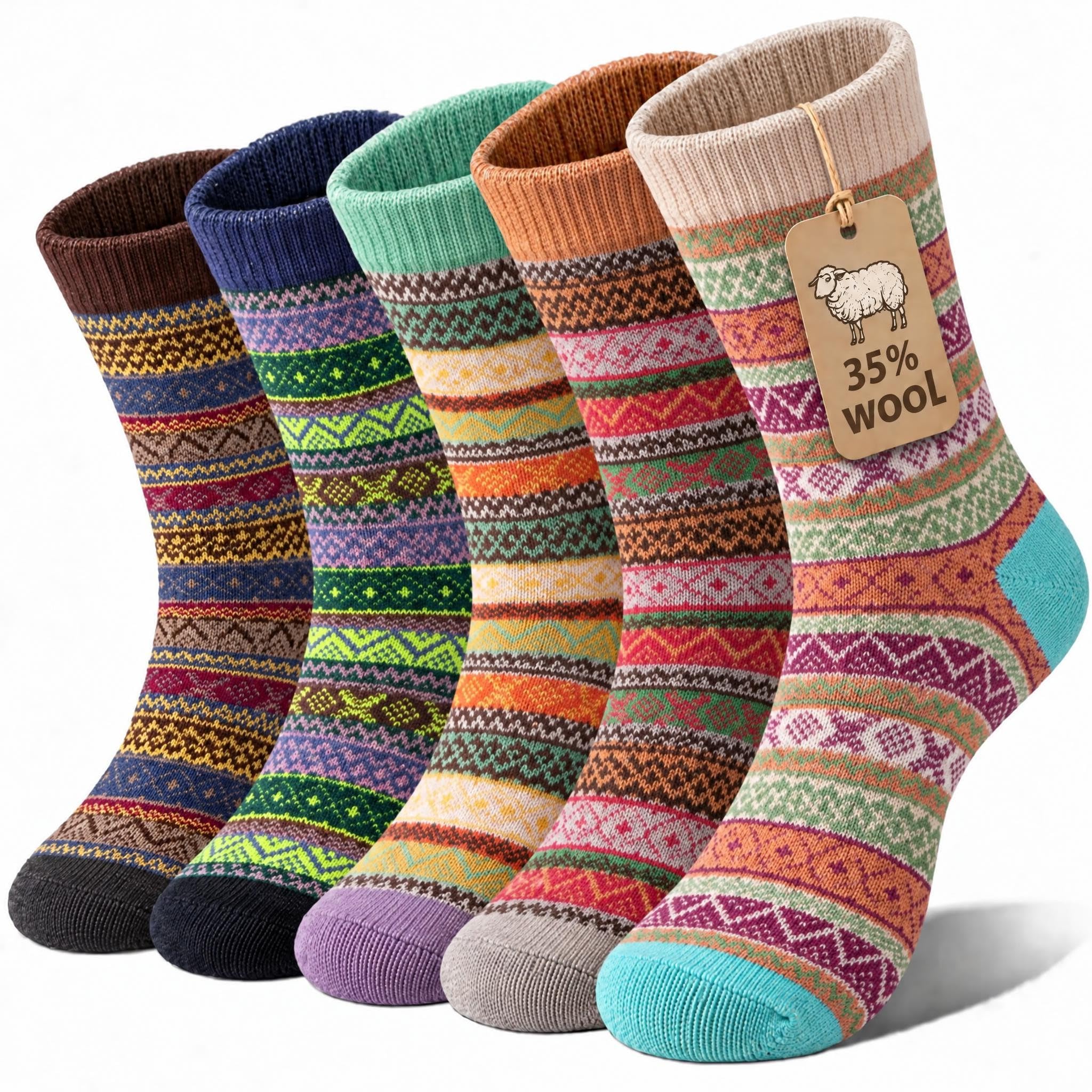 Loritta 5 Pairs Ladies Wool Socks Warm Thick Cozy Socks
