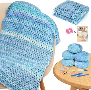 Aeelike Crochet Blanket Kit for Beginners, Easy Crochet Kits, Blue Gradient | Blanket Crochet Kit for Beginners Adults with Gradient Yarns Detailed Video Tutorials Crocheting Accessories, Ideal Gift