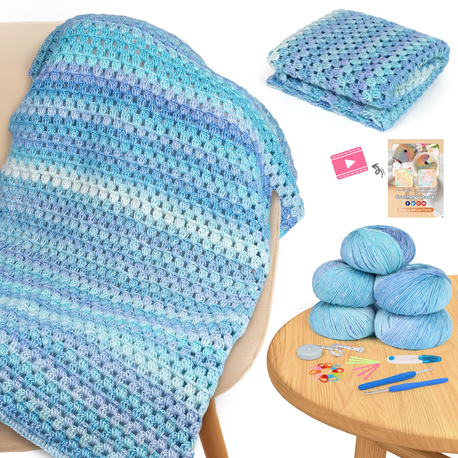 Aeelike Crochet Blanket Kit for Beginners, Easy Crochet Kits, Blue Gradient | Bl