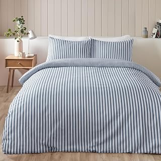 Catherine Lansfield Blue Stripe Brushed Cotton Reversible Single Duvet Cover Set