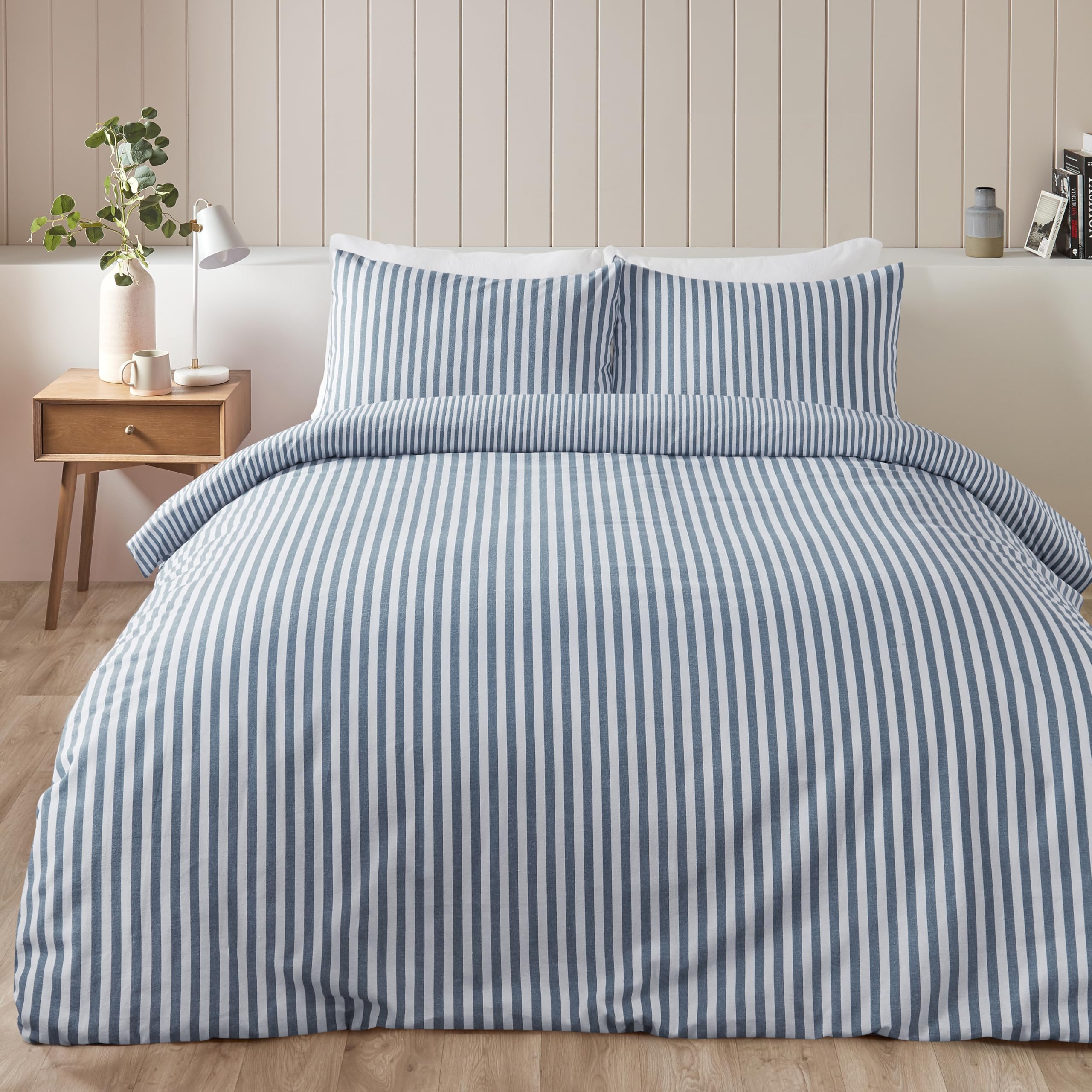 Catherine Lansfield Blue Stripe Brushed Cotton Reversible Single Duvet Cover Set