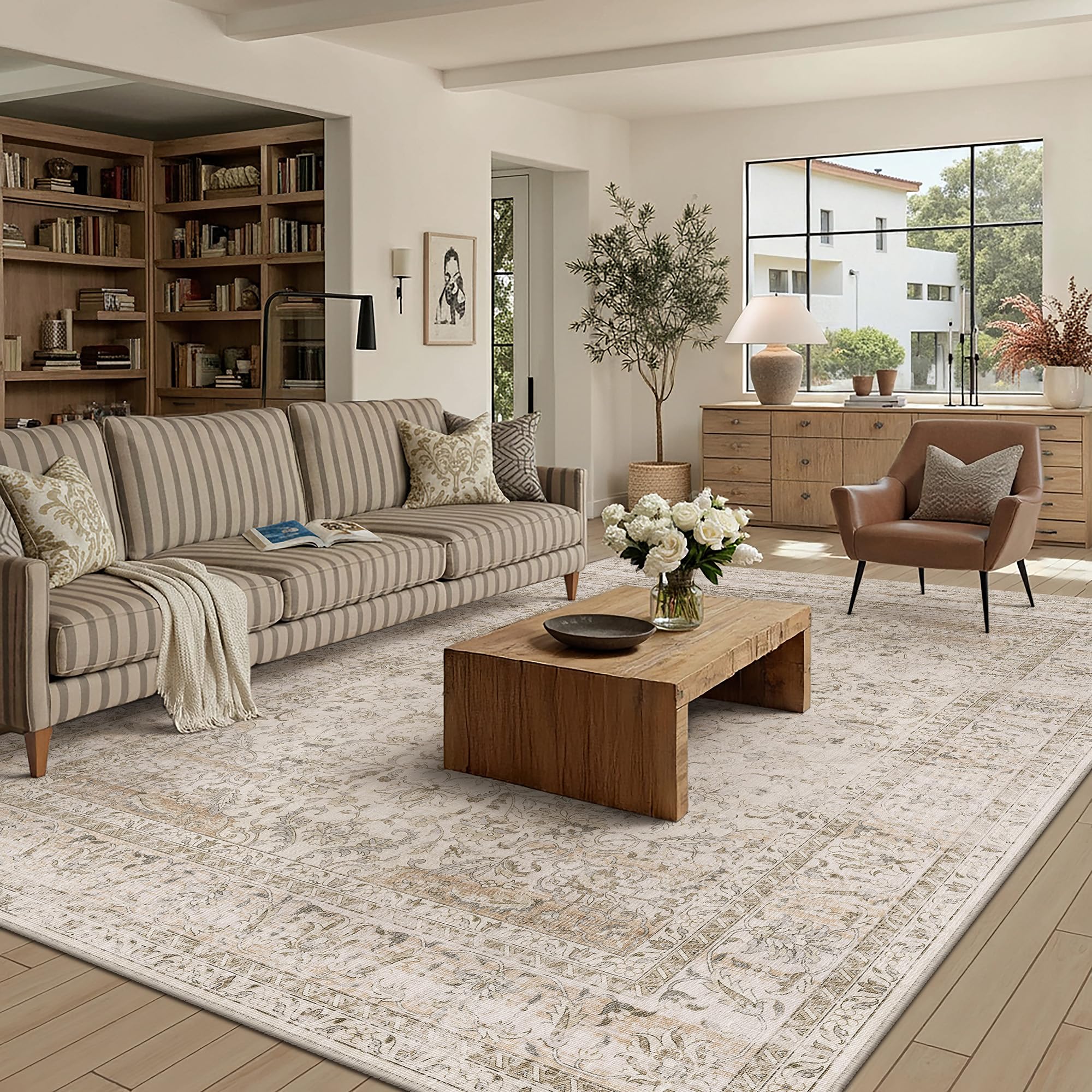 Washable Area Rug 8x10 Beige Neutral Non Slip Carpet