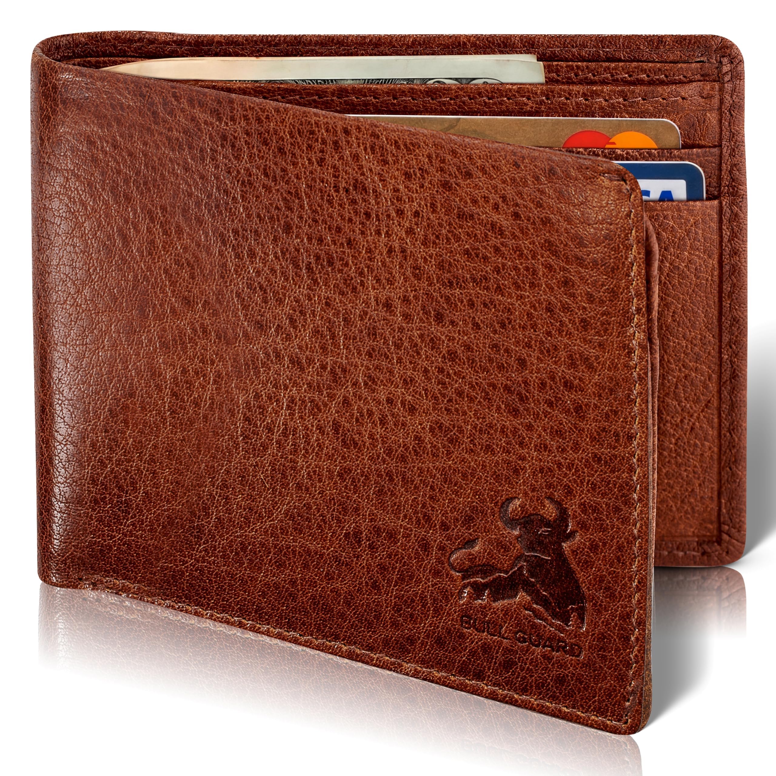 BULL GUARD Mens RFID Bifold Leather Wallet with Flip ID Card, Adventure Brown - 