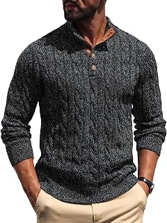 Askdeer Men's Cable Knit Sweater Long Sleeve Stand Collar Casual Vintage Pullover Button Knitted Sweaters