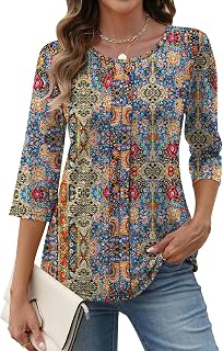 LOMON 3/4 Length Sleeve Womens Tops Casual Crewneck Spring Summer Pleated Tunic Tops Beach Vacation T Shirts