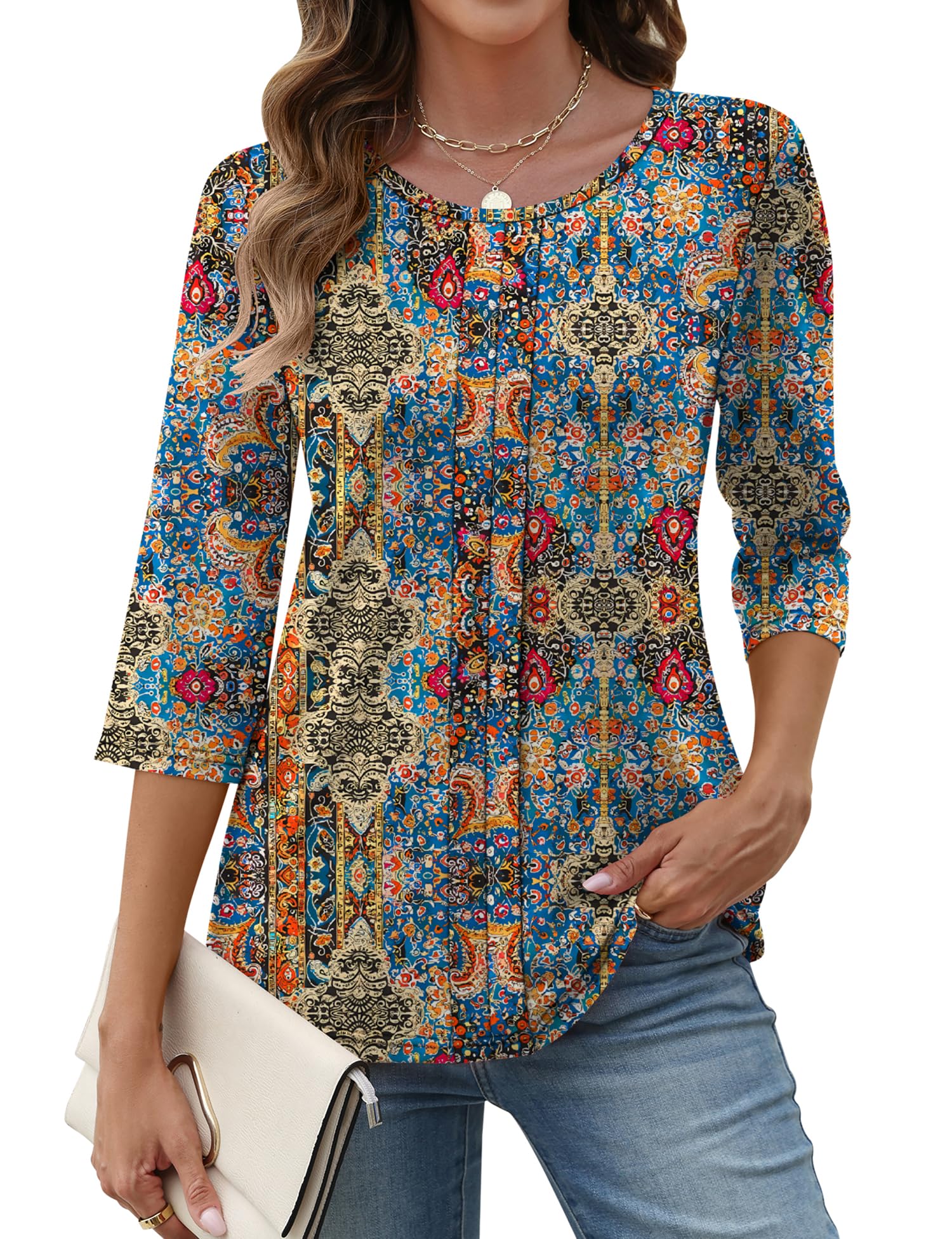 LOMON 3/4 Length Sleeve Womens Tops Casual Crewneck Spring Summer Pleated Tunic 