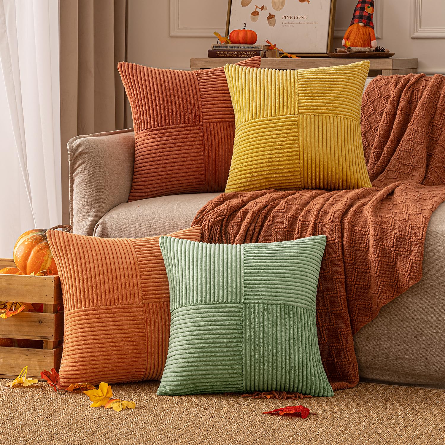 EMEMA Cushion Cover Corduroy Autumn Cushion Cover 45 x 45 cm Orange/Green