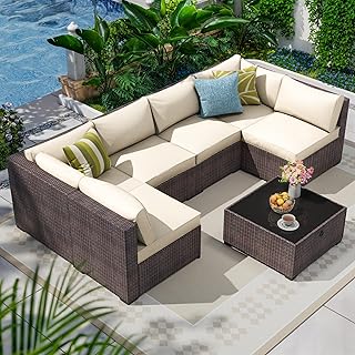 7 Piece Outdoor Patio Sectional Furniture Set, Modular Wicker Outdoor Couch | Modern Rattan Patio Conversation Sofa Set w/Washable Thick Cushions & Coffee Table for Balcony, Porch, Garden, Brown/Beige