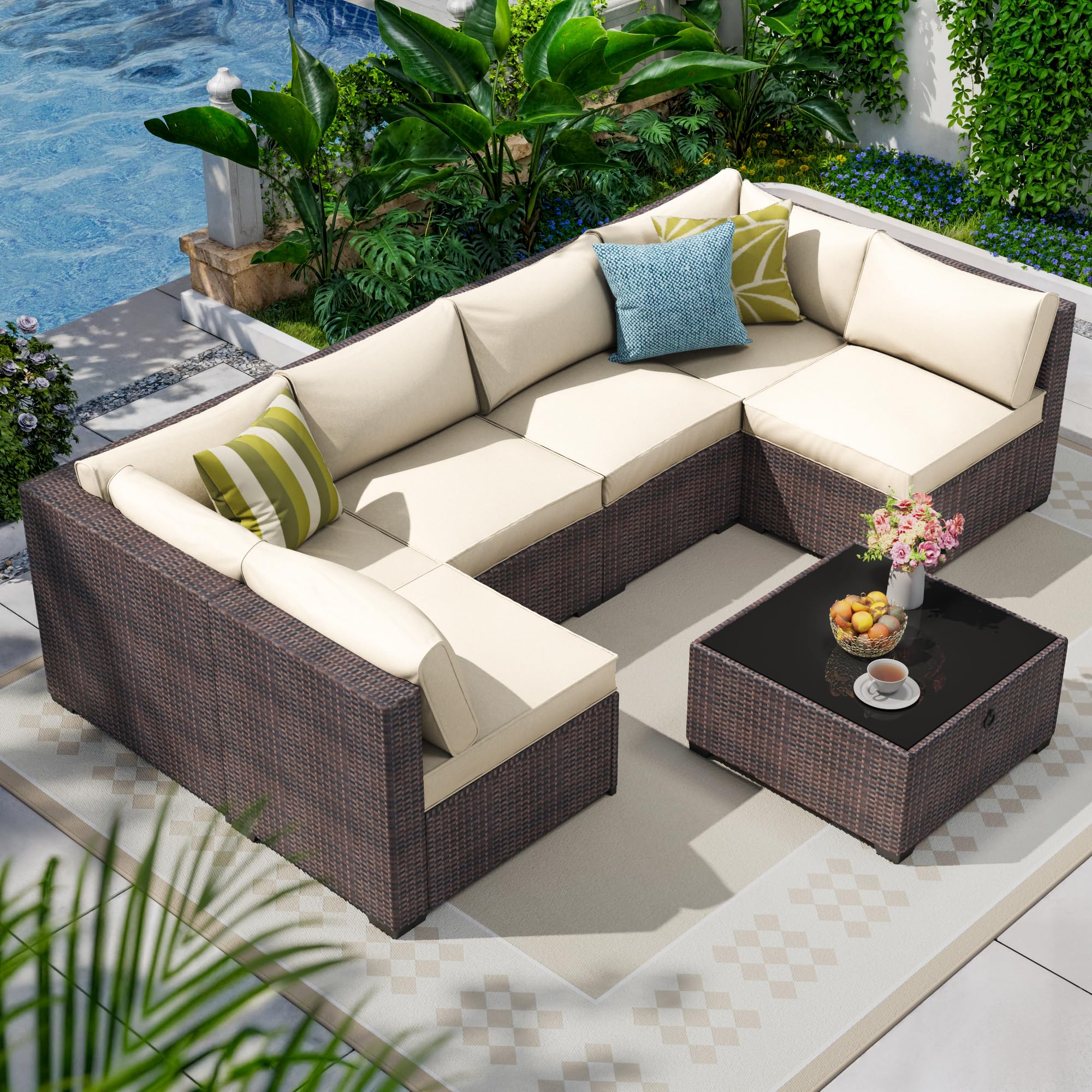 7 Piece Outdoor Patio Sectional Furniture Set, Modular Wicker Outdoor Couch | Mo