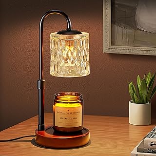 Briever Dimmable Candle Warmer Lamp with Timer, Height Adjustable Electric Candle Wax Warmer Jar Candles, Top-Down Light Heat Melting Wax with 2 Bulbs & Walnut Wooden Base for Home Decor