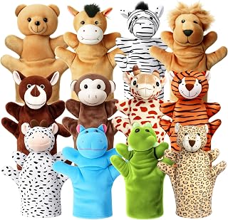 12 Pcs Animal Hand Puppets for Kids, Soft Plush Small Stuffed Animals Bulk | Animal Puppets Pretend Play Set Toddler Toys for Show Theater, Classroom Rewards , Carnival Prizes Halloween for Girls Boys