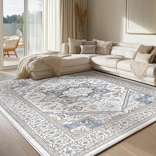 OPPODREAM Soft Neutral Area Rug 6x9, 6x9 Area Rug for Living Room, Washable Rug 6x9 with Non Slip Backing, Faux Cashmere Low-Pile 6 x 9 Carpet for Bedroom, Grey & Blue & Cream