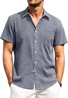 Alimens & Gentle Camicia da Uomo in Lino, a Maniche Corte, Senza Pieghe, Casual, per Vacanze, Spiaggia, Estate